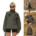 thumbnail image 2 of Women's Casual Long Sleeve Mock Neck Zipper Sweatshirt Jackets Loose Quarter Zip Pullover Tops with Pockets Fall Outwear light grey L, 2 of 4