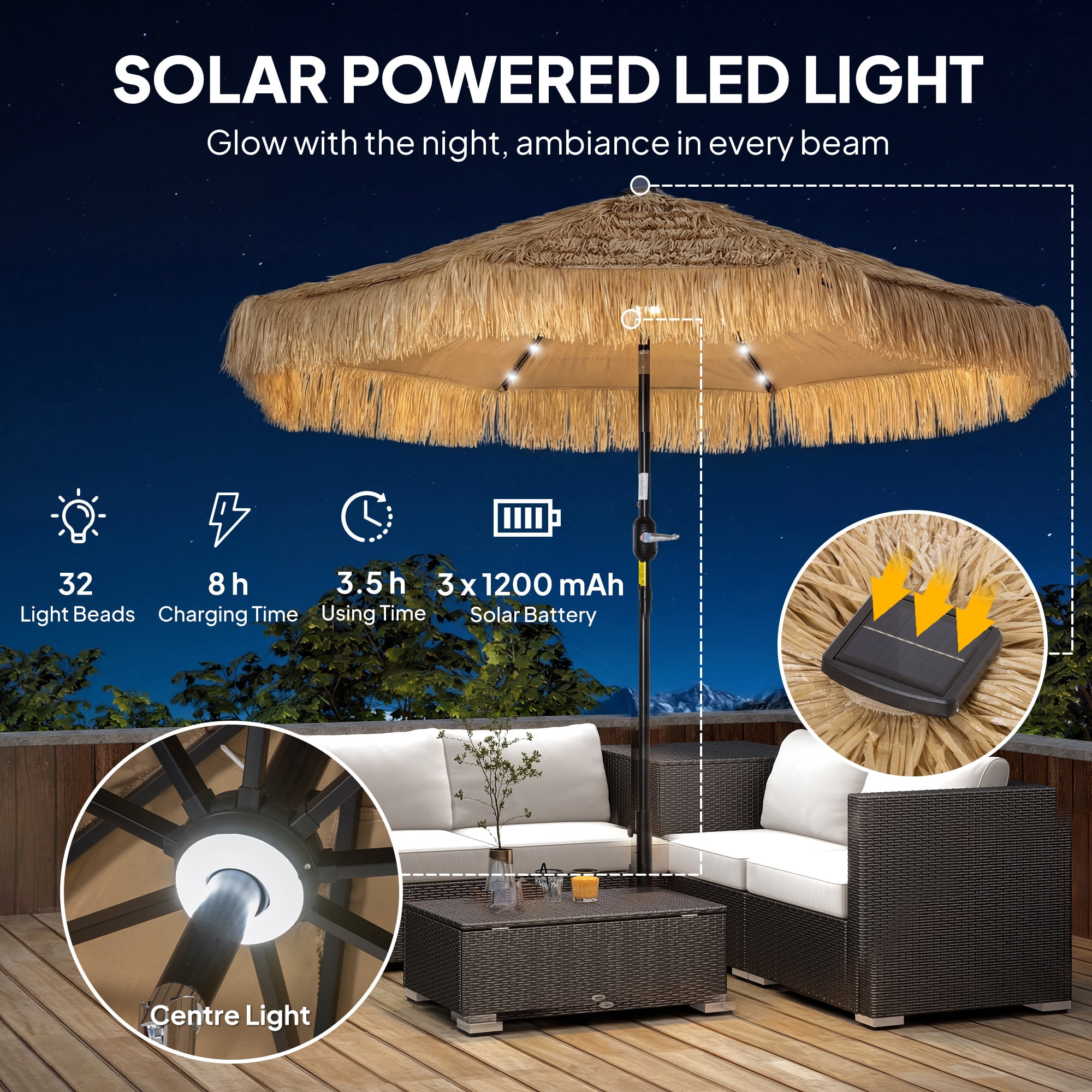 Outsunny 9 ft Hula Thatched Tiki Patio Umbrella with LED Solar Light, Tropical Hawaiian Style Outdoor Umbrella with Crank, Tilt, UPF30+, Khaki