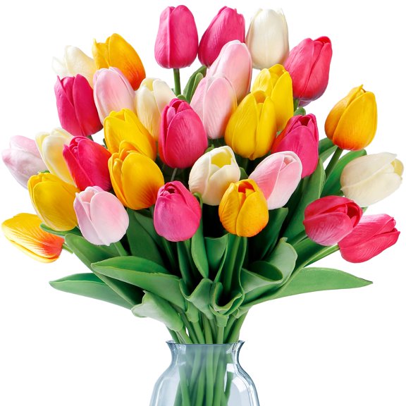 15 Pcs Fake Tulips Artificial Flowers Real Touch PU Faux Flowers Tulip Stems for Wedding Floral Arrangement Spring Bouquet Home Party Office Decorations for Mother's Day (Multi Colors)