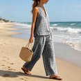 thumbnail image 7 of Linen Plaid Two-Piece Outfit Women’s V-Neck Top Wide-Leg Pants Casual Summer Vacation Set, 7 of 7