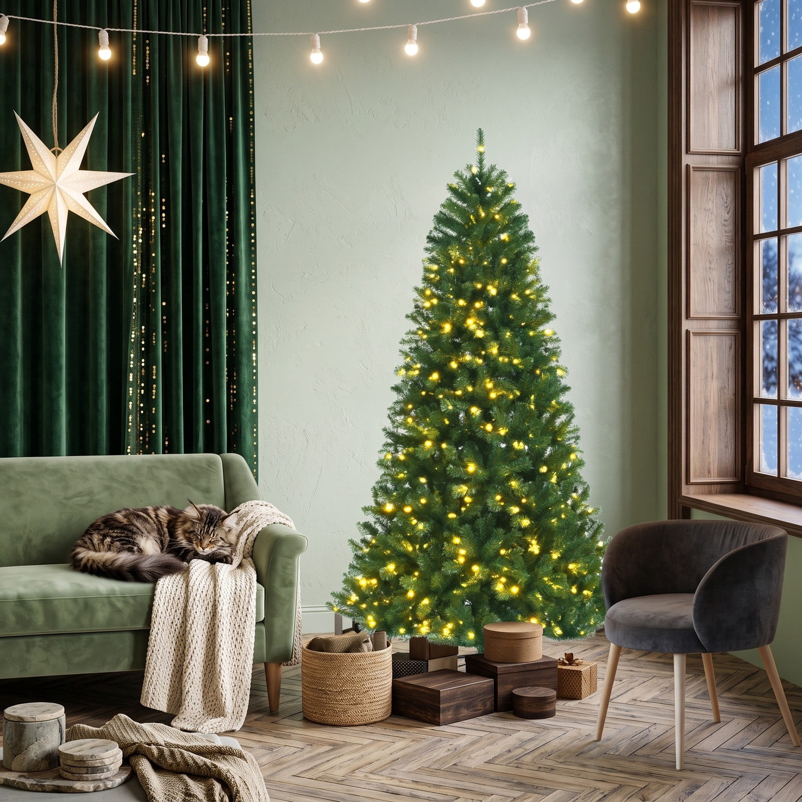 RUIE 6FT Pre-Lit Artificial Christmas Tree with 350 Remote-Controlled Color-Changing LED Lights, 845 Hinged Tips Full Holiday Xmas Tree with Metal Stand, Green