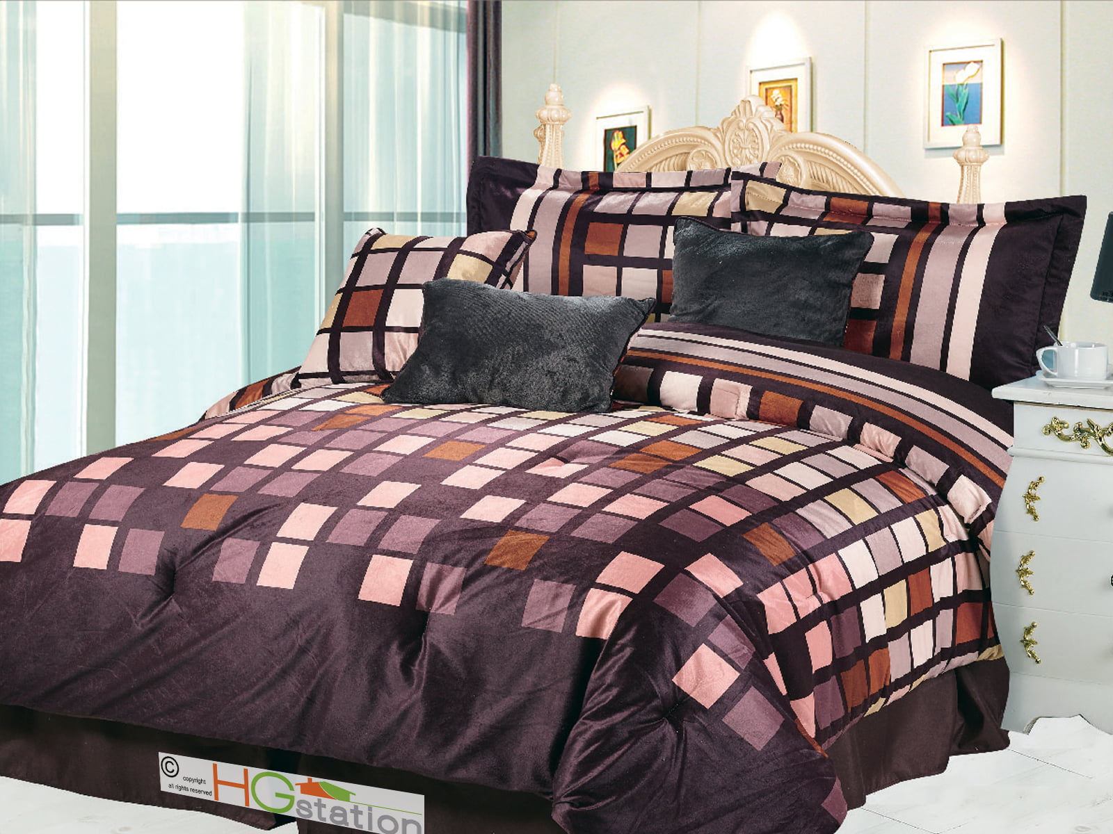 7-Pc Square Patchwork Striped Faux Fur Comforter Set Brown Taupe Beige Rust King 