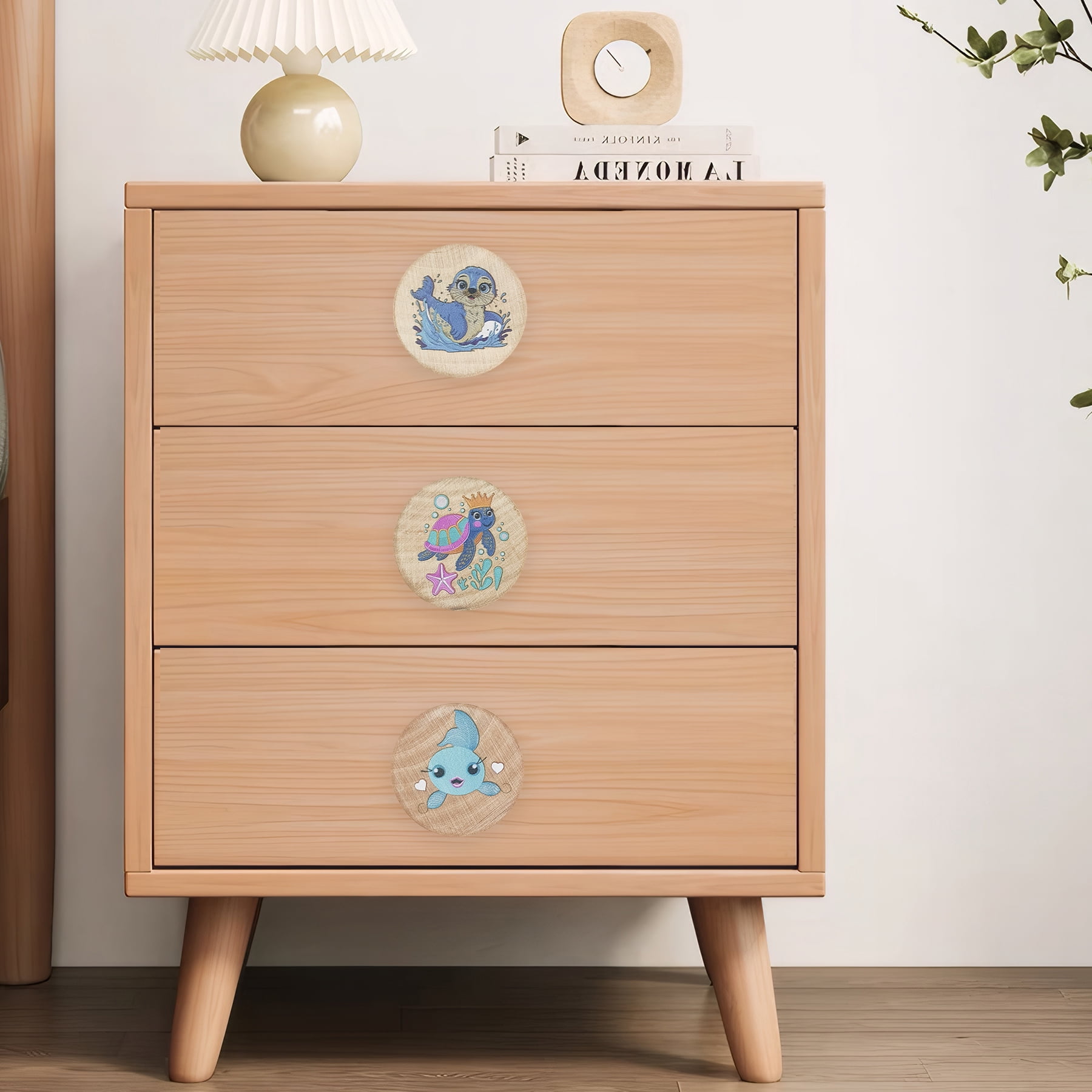 Jamjam 8Pack 1.5" Wooden Cute Ocean Animals Drawer Pulls Cupboard Cabinet Knob Nursery Kids Room Turtle Whale Seastar Dresser Drawer Knobs