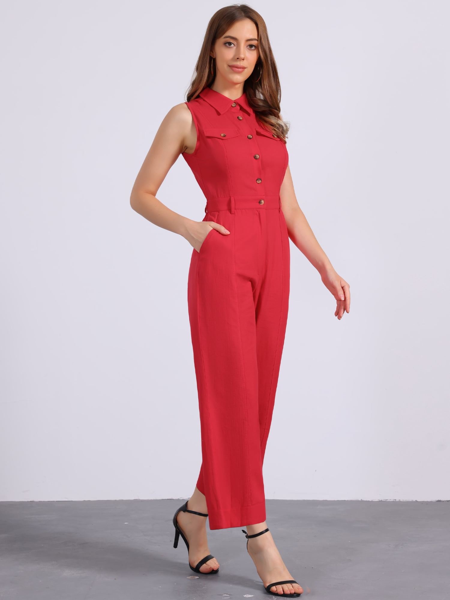 DARING DIVA Women's Wide Leg Jumpsuit Sleeveless Collared Tie Waist Coverall L Red