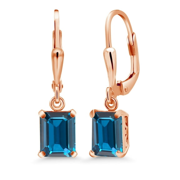 Gem Stone King 18K Rose Gold Plated Silver London Blue Topaz Dangle Earrings for Women (3.97 Cttw, Gemstone November Birthstone, Emerald Cut 8X6MM)