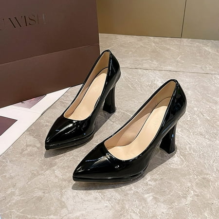 

Pointed toe nude color high heels women‘s stiletto heel new simple fashion all-Match patent leather shallow mouth square heel slip-on shoes