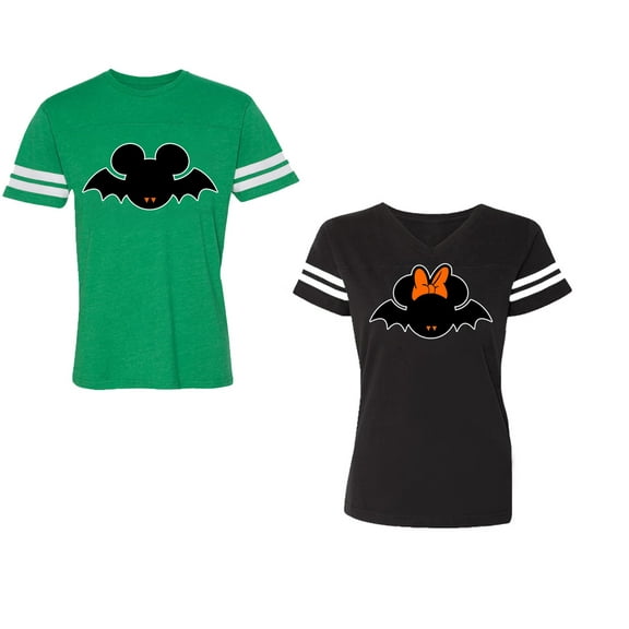 Halloween Bat Unisex Couple Matching Cotton Jersey style T-Shirt Contrasting stripes on sleeves (Men Green / Women Black) (Men S / Women S)