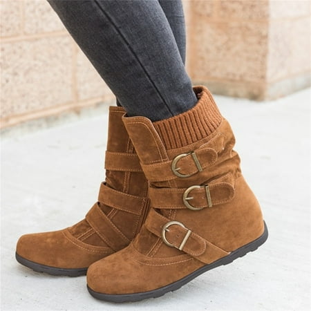 

UPAIRS Womens Suede Slip On Boots Winter Warm Casual Buckle Side Zip Flat Shoes