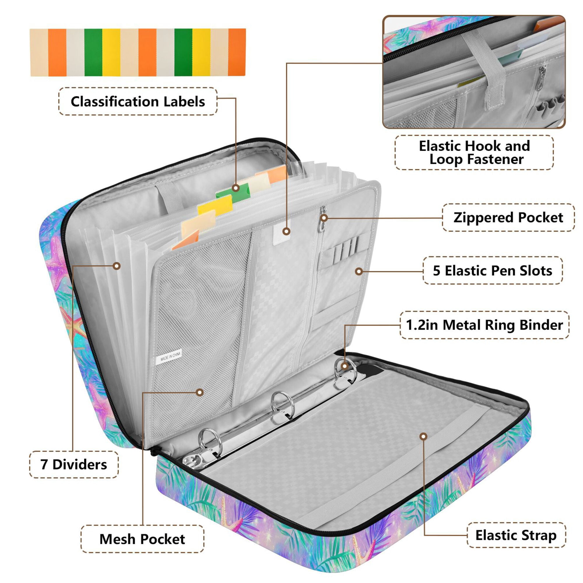 FORMRS Accordion File Folder A4 Size 7-Pocket Expanding Document Organizer Bag with 3 Ring Binder, Neon Starfish Pattern