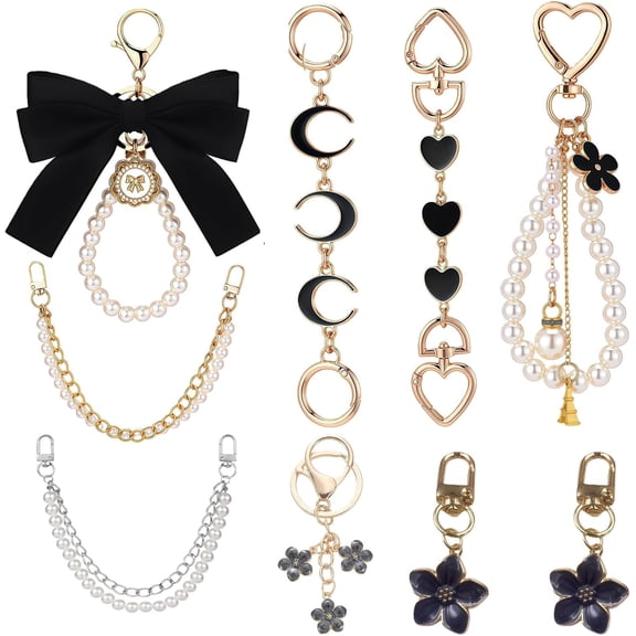 9-Piece Bag Charms Set with Pearl Chain and Bow Keychain, Purse Strap Extender Chains, Decorative Accessories for Handbags