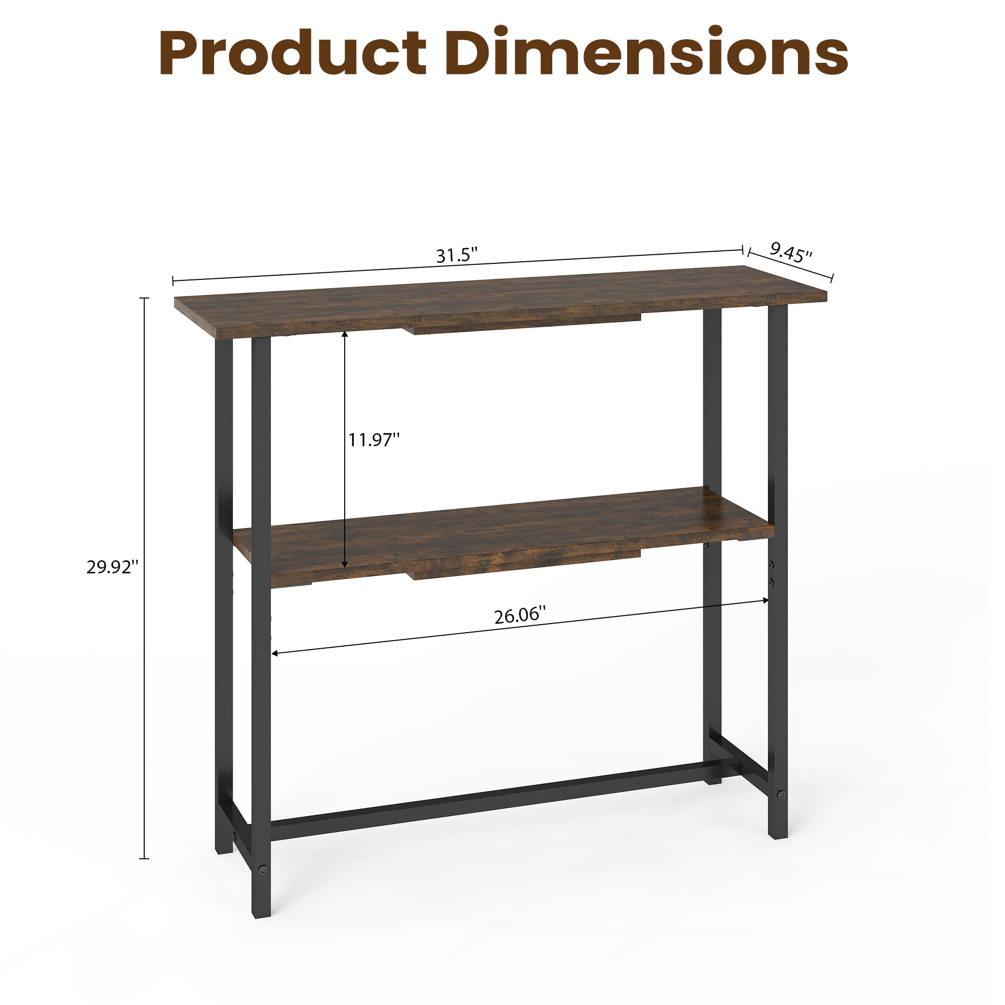 Manora Farmhouse Console Table, 2-Tier Console Table, Narrow Sofa Table with Adjustable Feet for Entryway, Living Room, Rustic Brown