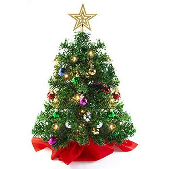 Prextex 22 Inch Tabletop Mini Christmas Tree Set with Warm-White LED Lights, Star Treetop and Hanging Ornaments for DIY Christmas Decorations