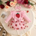 thumbnail image 5 of Tisuna Romper For Baby Girls Long Sleeve Strawberry Print Bodysuit Dress With Headband Cute Snap Closure Party Jumpsuit, Size 0-18 Months, Pink, 5 of 9