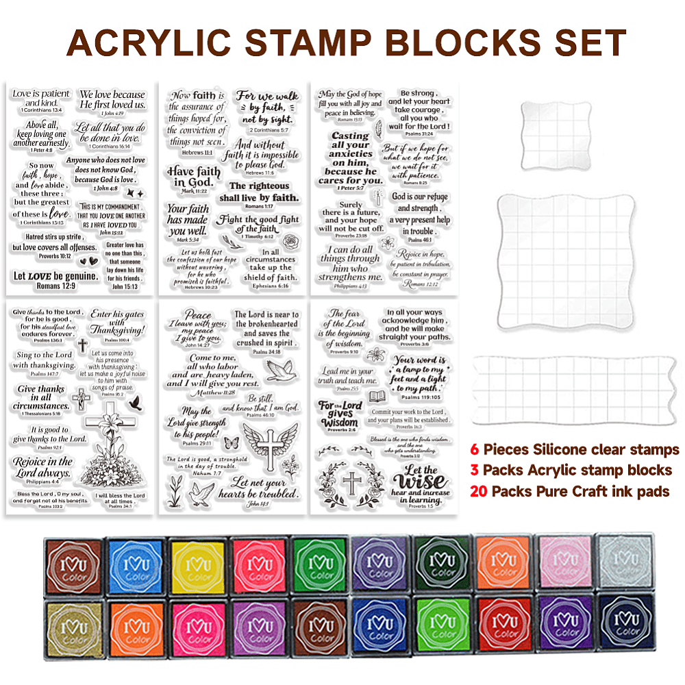 3Pcs 3 Styles Bible Theme Acrylic Stamping Blocks Tools 6Pcs PVC Plastic Stamps 20 Colors Plastic Craft Finger Ink Pad Stamps Set Mixed Shapes
