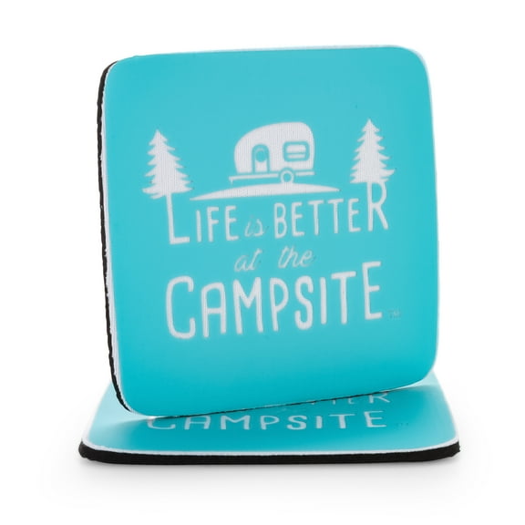 Camco Life is Better at The Campsite Drink Coasters | Features a Unique "Life is Better at The Campsite" Logo/Retro RV Pattern Teardrop Trailer and Trees | Pack of 2, Neoprene (53230)