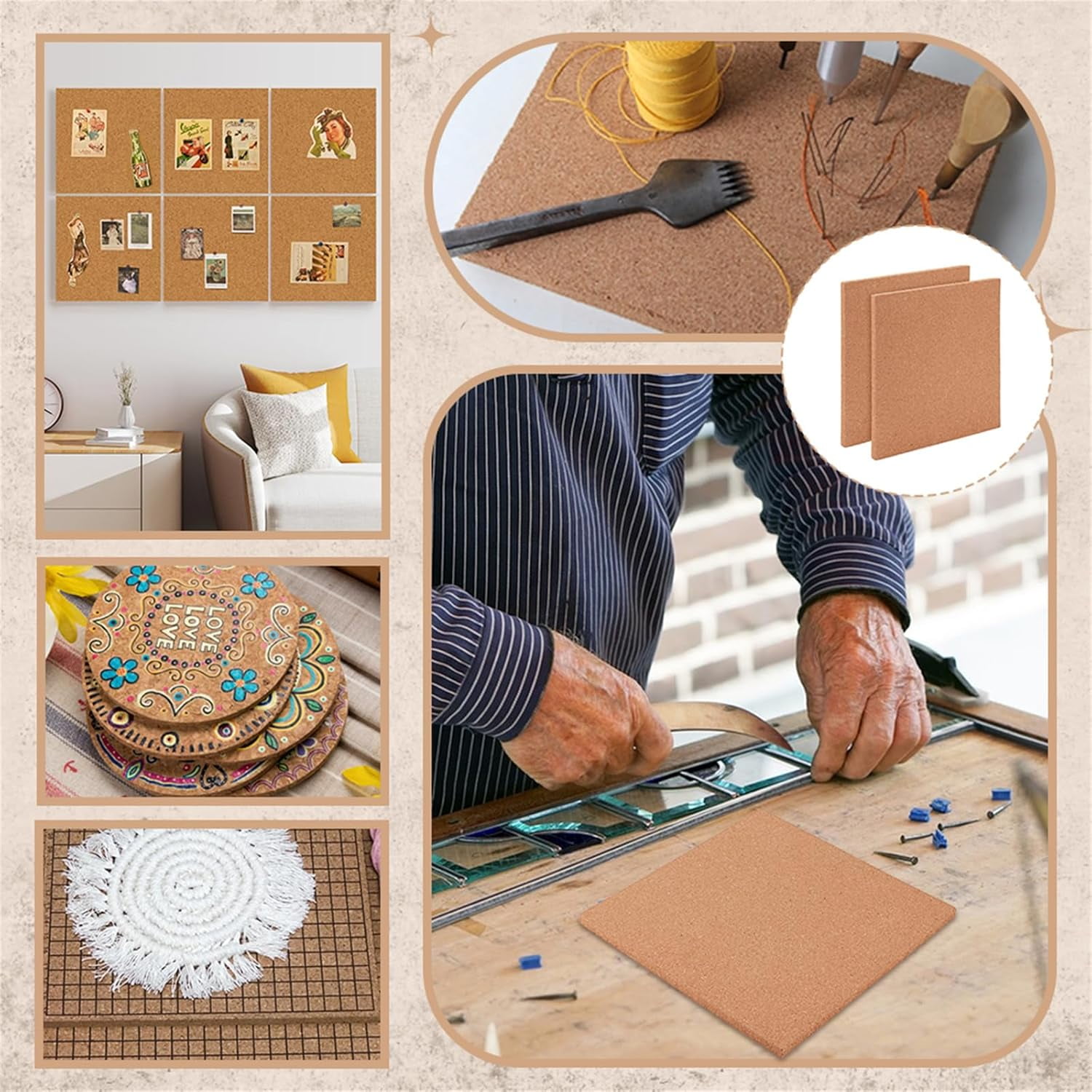 2Pcs Glass Work Surface 12x12x0.5 Inch Square Wood Cork Board Cork Cup Mats Heat Resistant Glass Work Surfaces for DIY Crafts Table Countertop Protection
