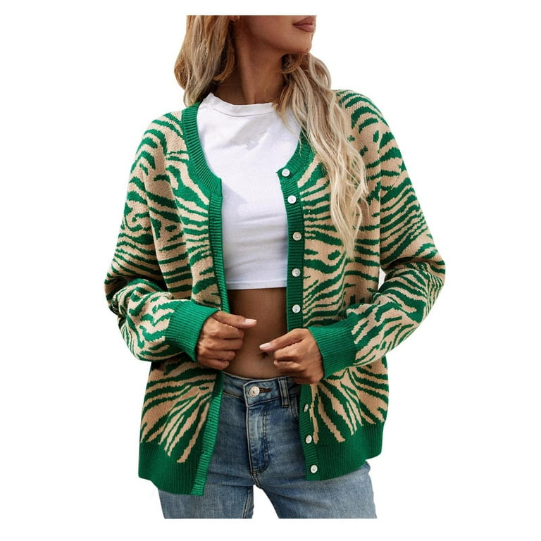 XFLWAM Women s Leopard Print Cardigans Sweaters Long Sleeve Button Down Open Front Knit Oversized Cardigan for Women Green XL Walmart