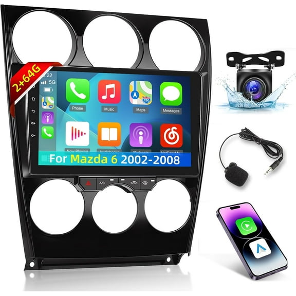 2 64G Car Radio for Mazda 6 2002-2008 - Wireless Carplay & Android Auto - 9 Inch Android 13 Stereo with WiFi/EQ/GPS   AHD Rear View Camera