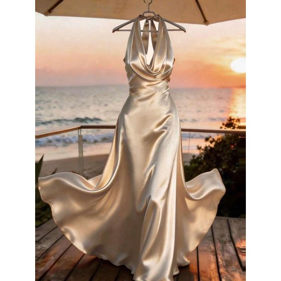 Apricot Satin Draped Halter Neck Maxi Dress For Women, Elegant Flowing Evening Gown, Relaxed Fit