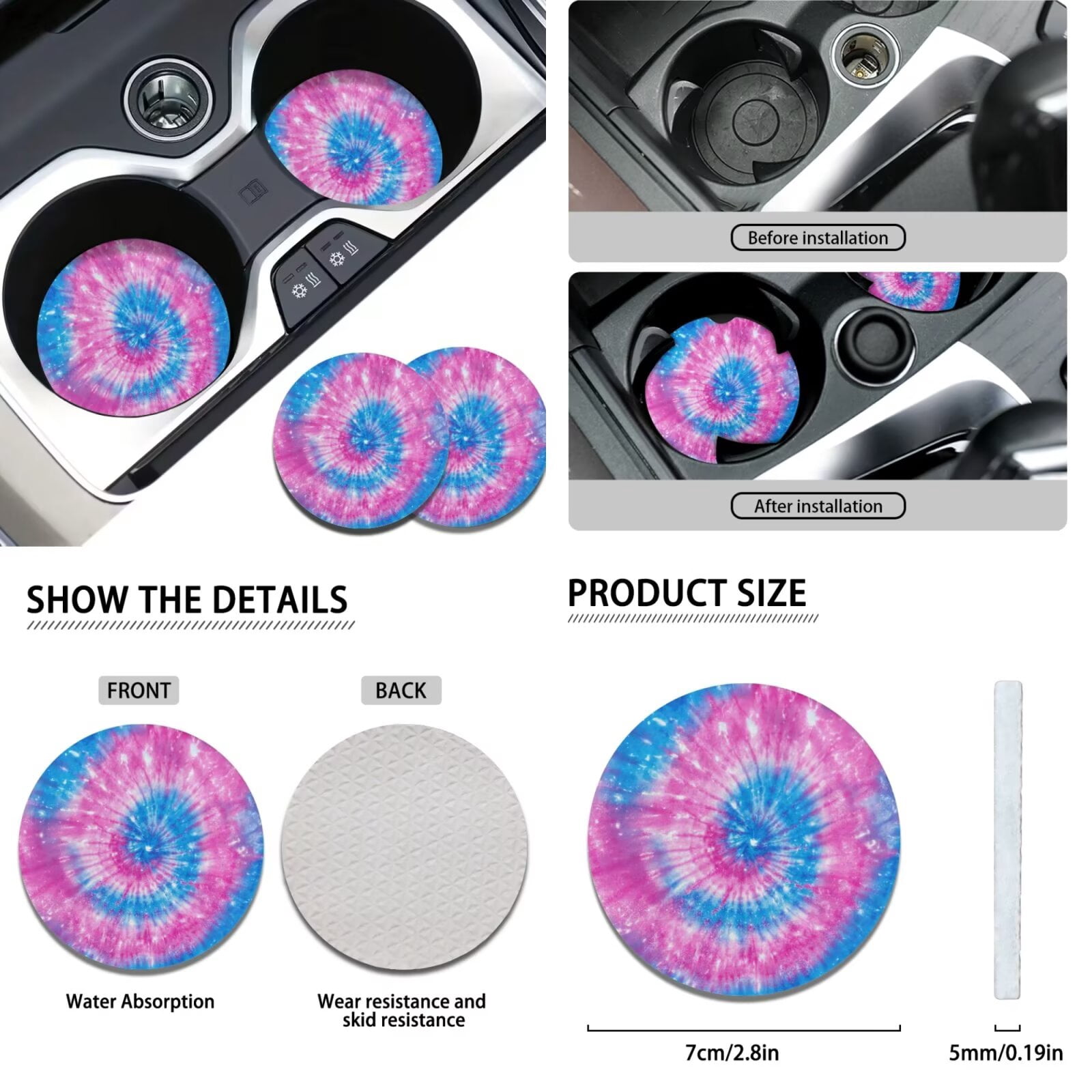 Garronmavis Blue & Pink Dye-Tie Car Seat Covers Full Set Universal Fit Most Vehicle Decor Interior with Steering Wheel Wrap Gear Shift Cover Handbrake Sleeve Headrest Protectors Cup Coaster