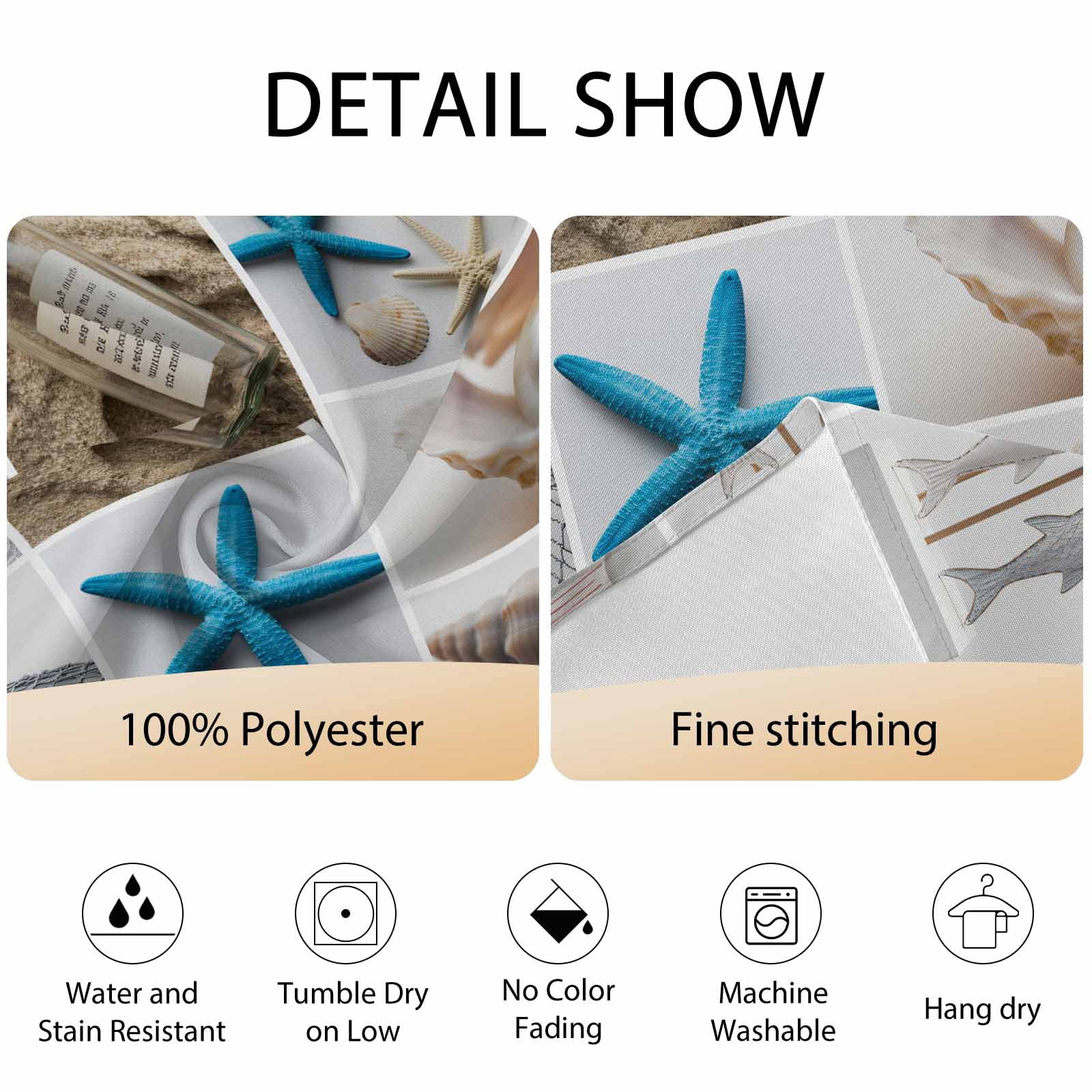 Round Tablecloth Coastal Beach Themed Waterproof Oil Proof Polyester Table Cloth Cover Decor for Home Dining Outdoor,Patio,Parties, 60" Dia. Summer Ocean Starfish Shell Boat