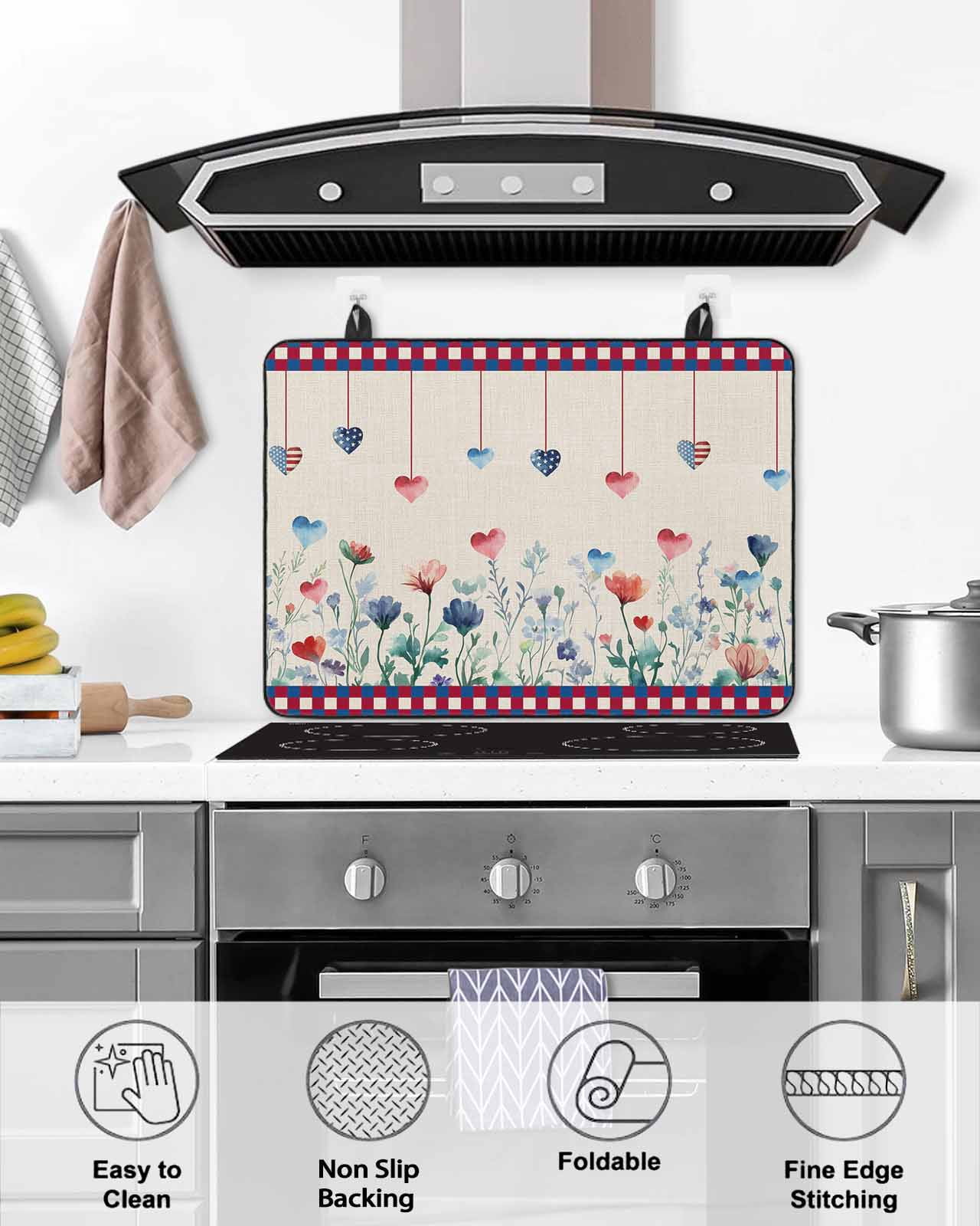 nqOlkjepod Large Induction Cooktop Protector Mat 24"x21", 4th of July Stove Top Covers for Electric Stove, Independence Day Red Blue Love Heart Plaid Stove Burner Cover Mats, Glass Top Stove Cover