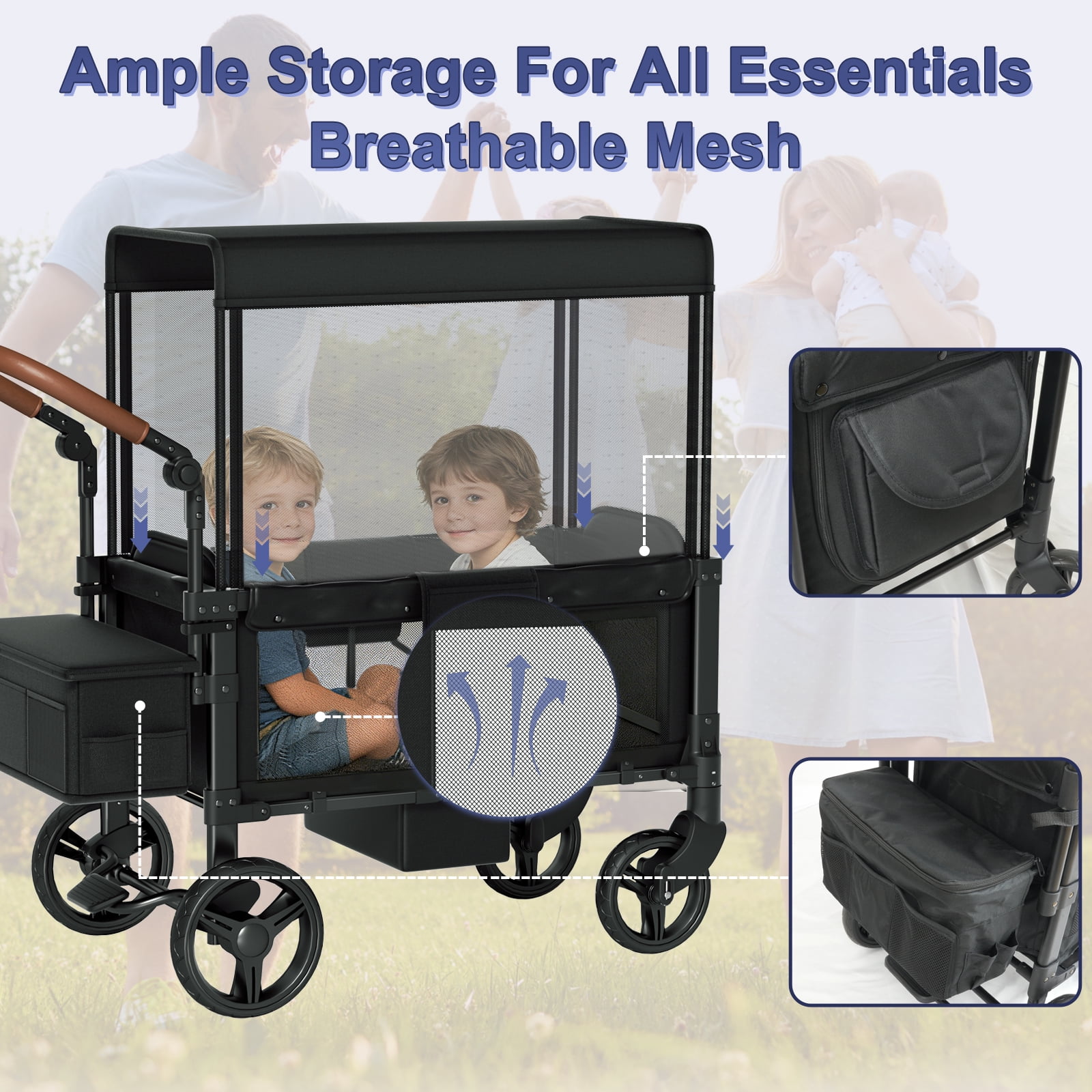 Vipsafe Foldable Wagon Stroller for 2 Kids, Multifunctional Baby Stroller with Detachable Canopy, Adjustable Handlebars, Easy Storage for Toddlers