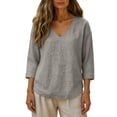 thumbnail image 2 of Oiangi Womens 3/4 Sleeve Blouses V Neck Textured Gauze Shirts Casual Summer Plain Tops Gray XL, 2 of 5
