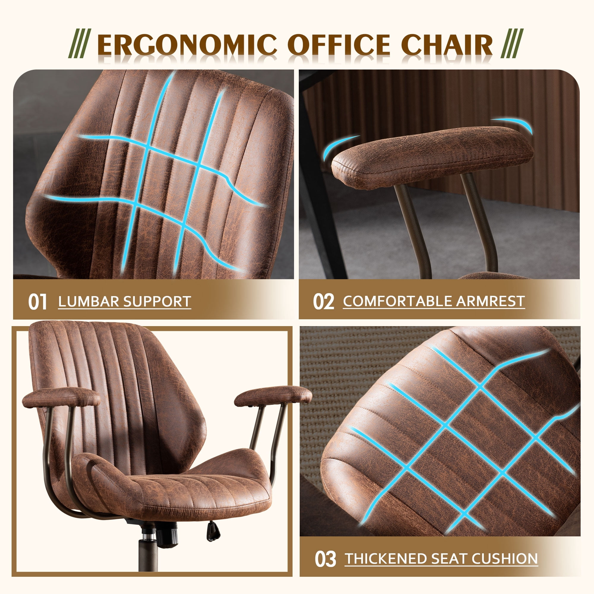 Toject Executive Desk Chair, Ergonomic Office Chair with Lumbar Support, Suede Leather, Dark Brown