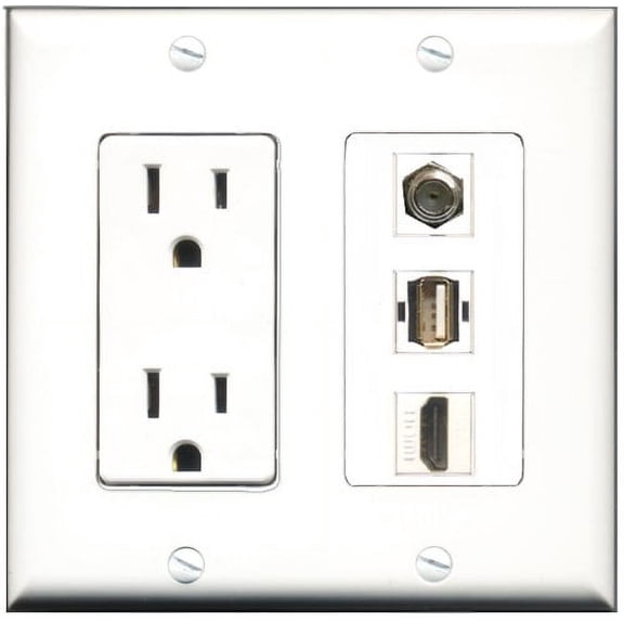 RiteAV - 15 Amp Power Outlet 1 Port HDMI 1 Port Coax 1 Port USB A-A Decorative Wall Plate
