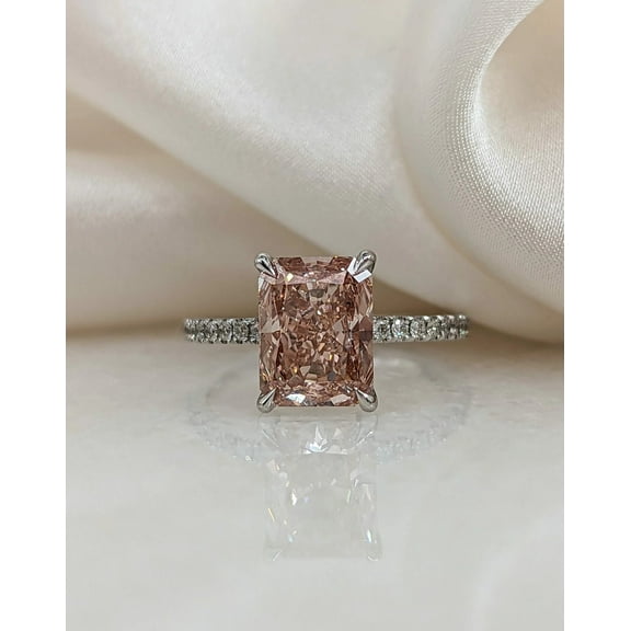 2.60ct Moissanite Pink Diamond Engagement Ring, Radiant Cut Hidden Halo, Pave Bridal 10k 14k 18k Gold Plated Size- (5 - 13) Available