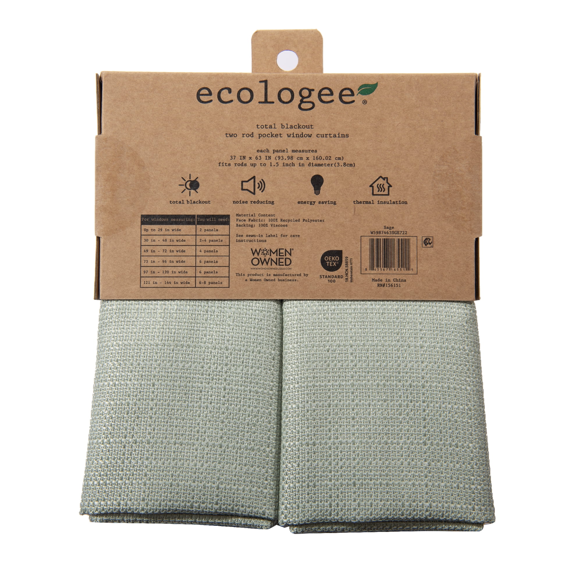 (2 pack) Ecologee Wakefield Textured 100% Blackout Rod Pocket Indoor Curtain Panel Pair, Sage, 37" W x 63" L
