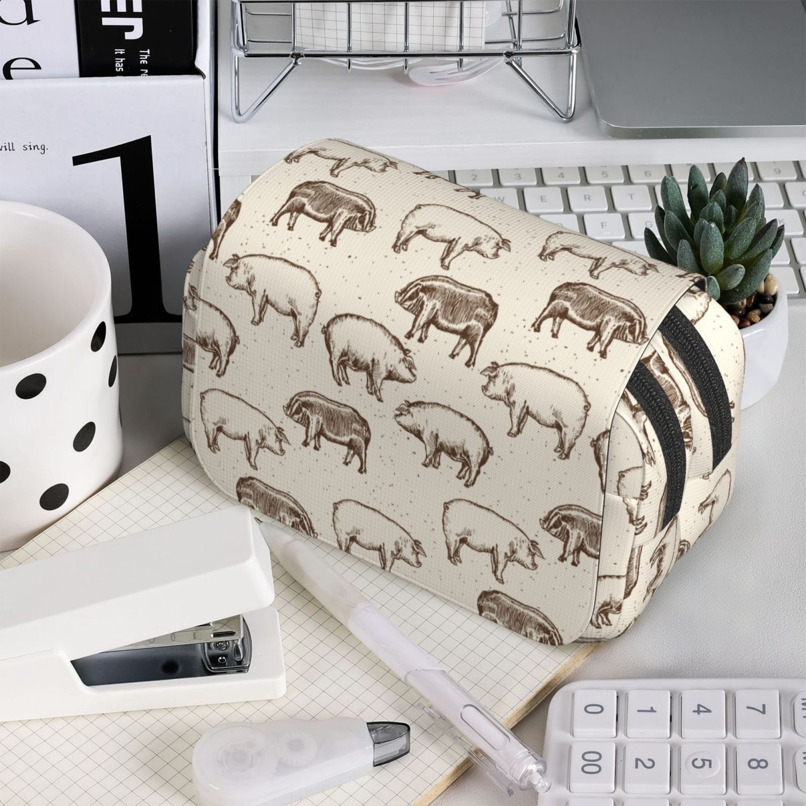 Rateoe Vintage Farm Pigs Pattern Double Clamshell Pen Case, Storage Organizer with Two Zipper Compartments– Holds Up to 50 Pencils & Pens