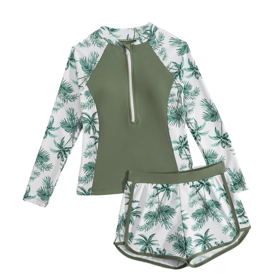 Wuxian Baby Girls Stylish Two Piece Swimwear Rash Guard Long Sleeve Raglan Sleeve Crewneck Zip Up Tops Swimsuit Floral Print Shorts Comfortable Fit Swimming Beach Pool Swimsuits,Green,7-8 Years
