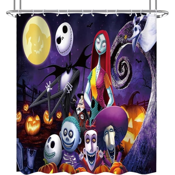 NIGHTMARE BEFORE CHRISTMAS Shower Curtain Fabric, Cool Cartoon Merry Christmas Jack Skellington and Sally Shower Curtains for Kids Christmas Bathroom Decor with 12 Hooks (Color-14)