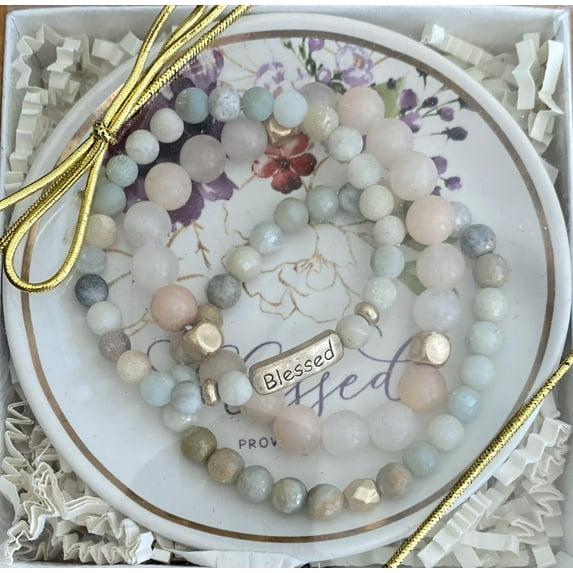 Blessed Charm Natural Stone Bracelet Gift Set in Beautiful 4" Blessed Dish