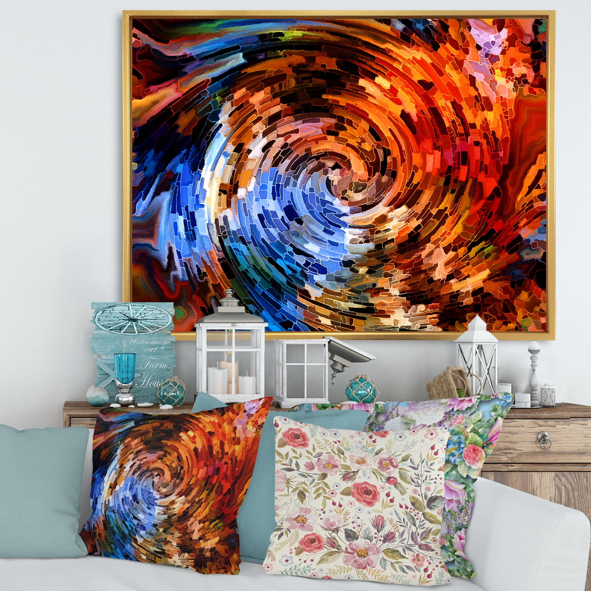 Designart 'Orange Spiral Abstract Voyages To Inner World' Modern Framed Canvas Wall Art Print
