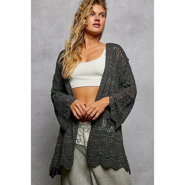 I AM A FASHION JUNKY POL Openwork Lightweight Open Front Cardigan with Scalloped Edge (CHARCOAL, M)