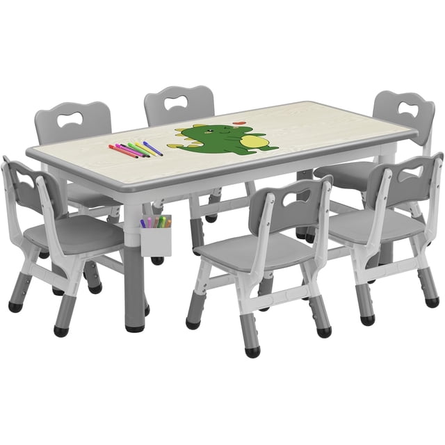 Height - adjustable niños mesa y 6 sillas set superficie grafiti (47.2 x 23.6 pulgadas), includes detachable almacenamiento box. durable, bpa - free, non - slip ages 2 - 10 in playroom, classr...