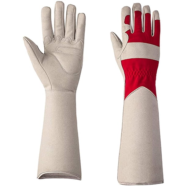 Guantes de jardinería para mujeres/hombres, poda de rosas, espinas y cortes, longitud del codo, guantes de trabajo de jardín de cuero de vaca duraderos para podar cactus, rosas y arbustos espinosos, blanco rojo brillar Electrónica