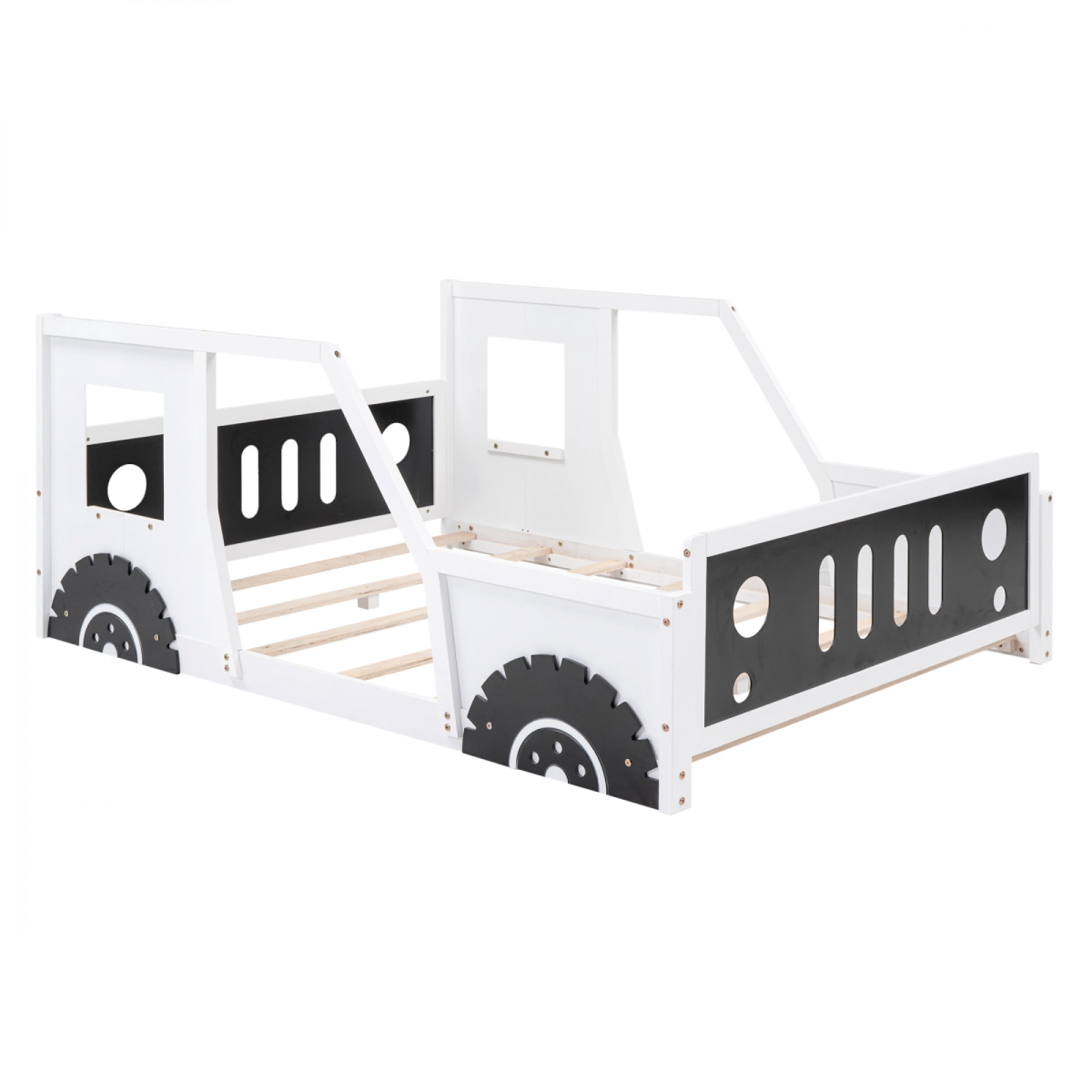 Full Size Classic Car-Shaped Platform Bed with Wheels, Wooden Kids Bed Frame for Bedroom, No Box Spring Needed,White