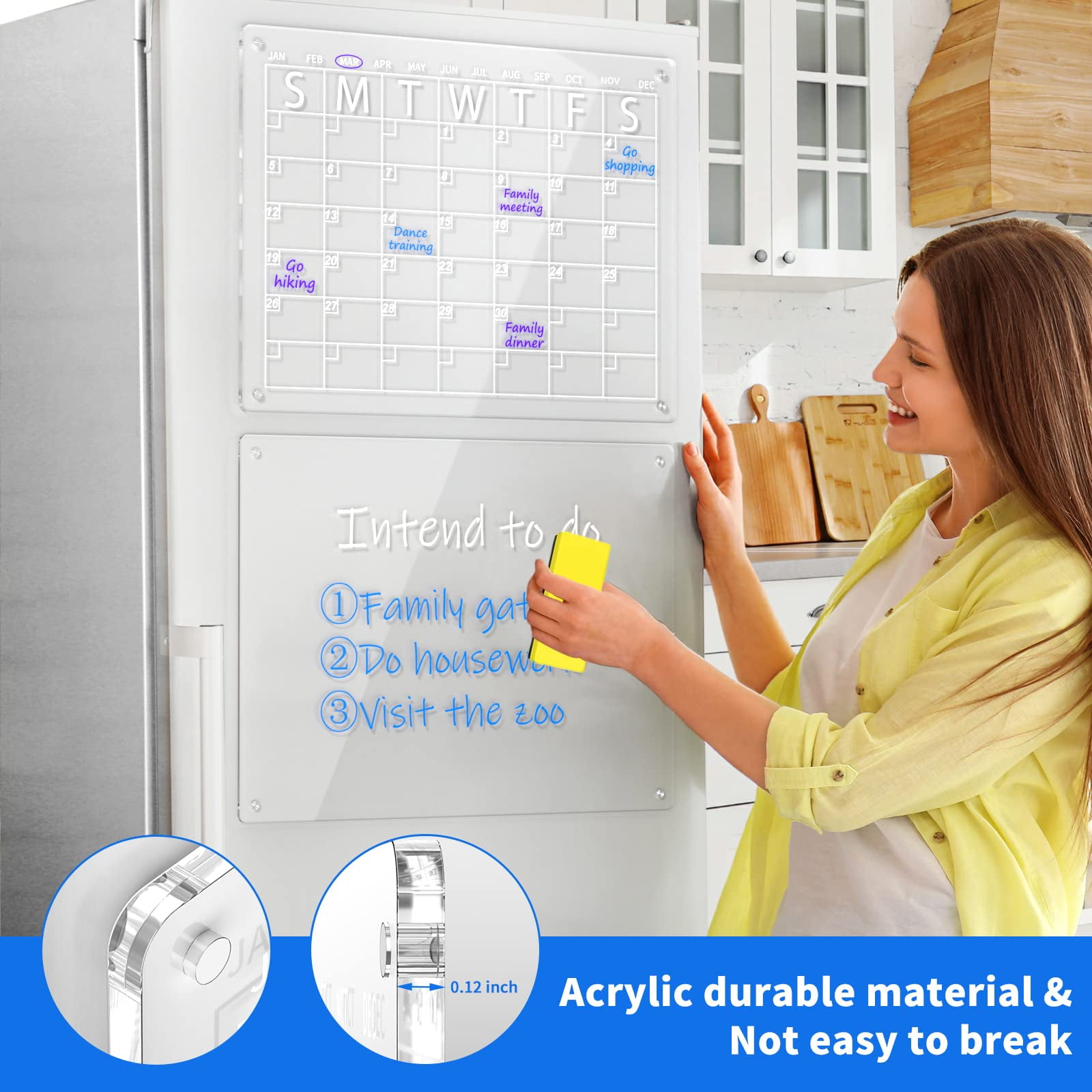 NIUBEE 2 Pack 16"X 12" Acrylic Magnetic Dry Erase Calendar Board for Fridge, Monthly Clear Calendar for Refrigerator, Acrylic WhiteBoard Memo Planning Board, Includes 6 Dry Erase Markers