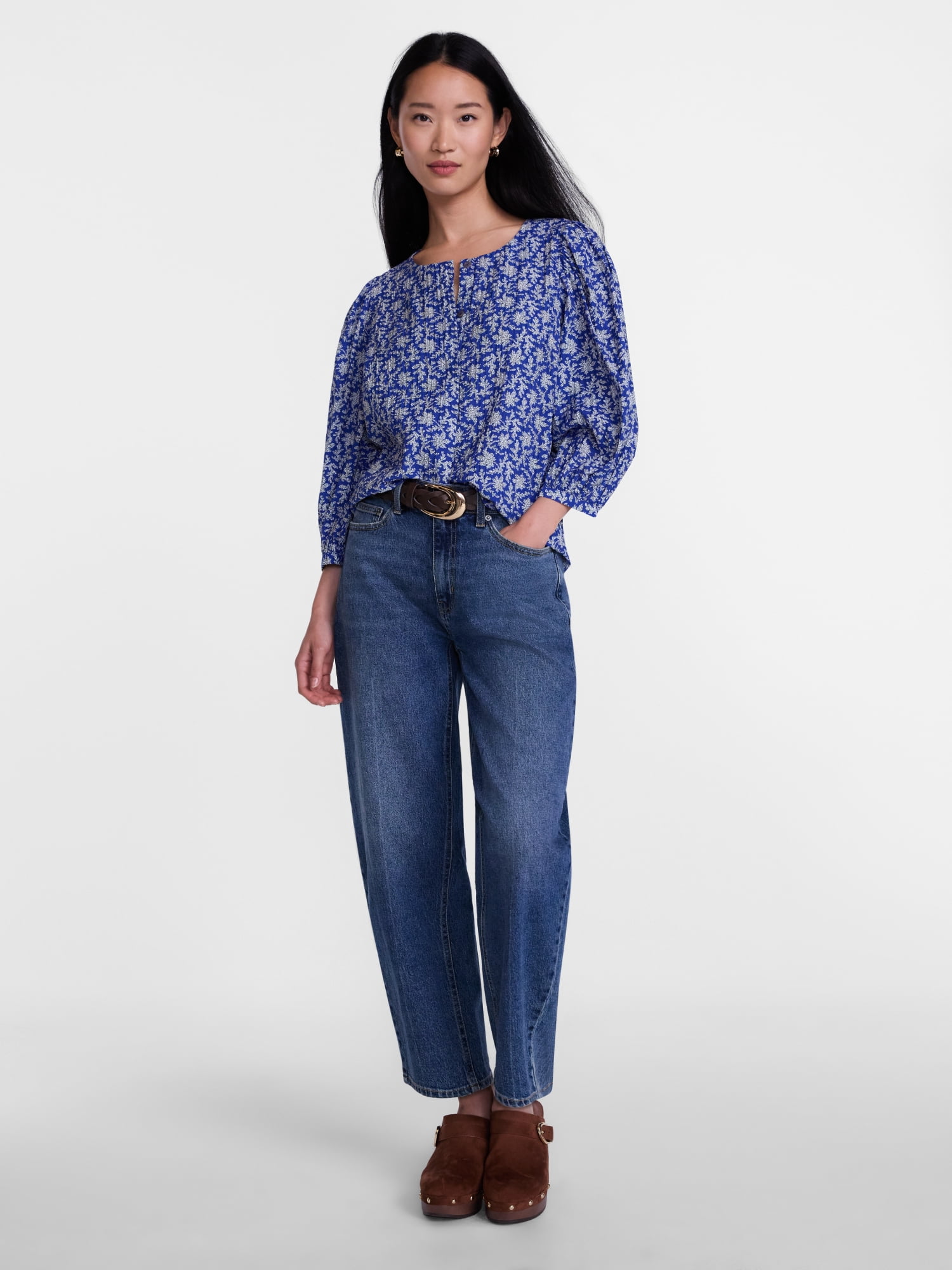 Scenario Women's and Women's Plus Blouse with 3/4-Length Puff Sleeves, Sizes XS-4X