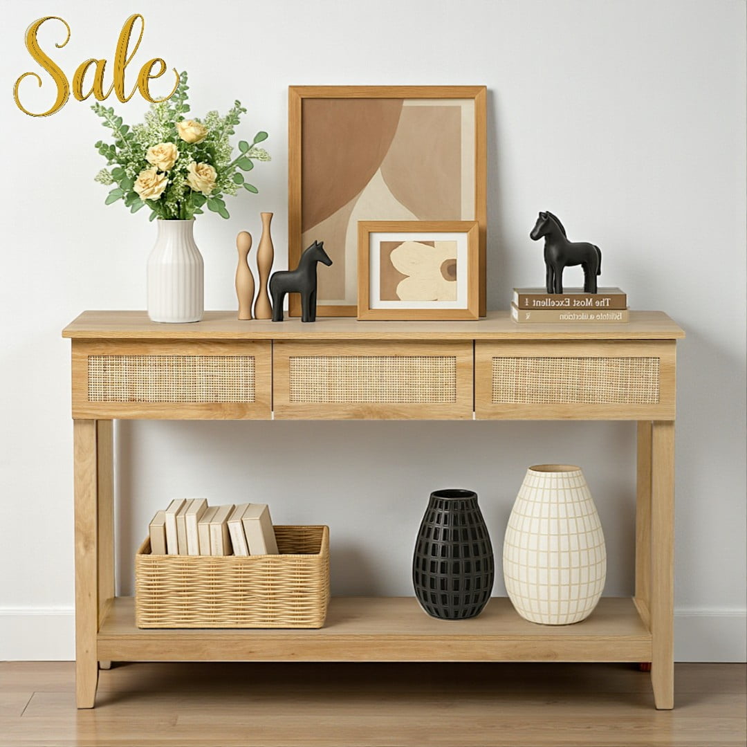 Tcbosik 51.2-Inch Boho Style Rattan Console Table with 3 Drawers & Open Shelf – Natural Wood Finish, Narrow Entryway Table for Hallway, Living Room, or Foyer