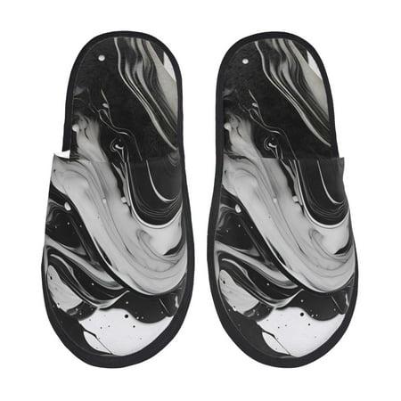 Balery Fluid Black White Paint Swirls Slient Indoor Furry Fleece Comfort House Shoes Soft Non-Slip Home Shoes Cotton slippers House Slippers-- Medium