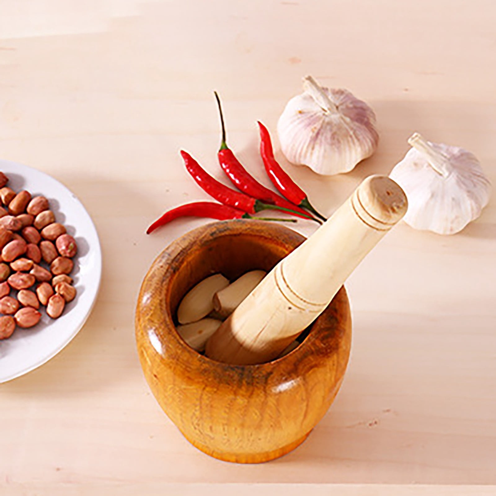 XKHHLH Garlic Herb Spice Coffee Beans Mixing Grinder Crusher, Wooden Manual Garlic Masher, Garlic Crusher, Ginger Crusher, Masher Mincing Kitchen Pounding Tool