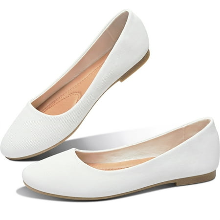 Obtaom Women s Round Toe Ballet Flats Cute Textile Ballerina Flats Comfortable Faux Leather Insole Low Heels Dress Shoes For Ladies (White US6)