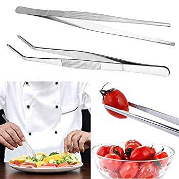 Cooking Tweezers Precision Tongs Tweezers 4-Piece Set 6.3 inches Stainless Steel Tongs Tweezer with Chef Cooking Utensils/Precision Serrated Tips/Medical Beauty Utensils/Tool Sets Silver