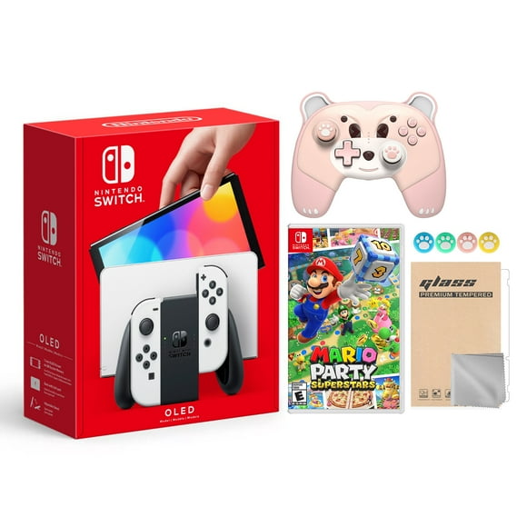 Switch OLED Model White 64GB Console HD Screen & LAN-Port Dock with Mario Party Superstars Game, Mytrix Wireless Pro Controller Pink Bear, Screen Protector and Joy-Stick Caps Best Holiday Gift