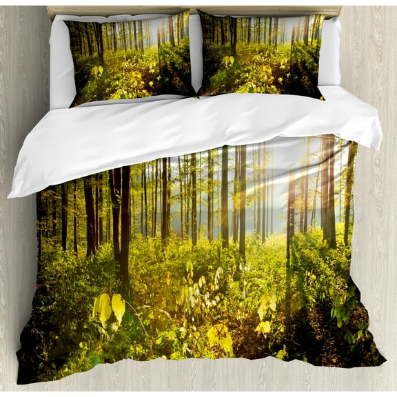 Forest Duvet Cover Set, Trees Sun Rays in Woods Foliage Greenery Scenic Outdoors Tranquil Untouched, Decorative 3 Piece Bedding Set with 2 Pillow Shams, Calking Size, Green Yellow Brown, by Ambesonne